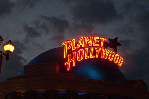 Planet Hollywood sign at dusk