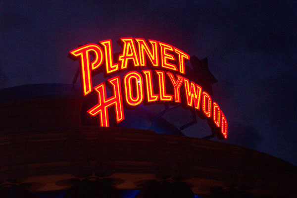 Planet Hollywood sign at night