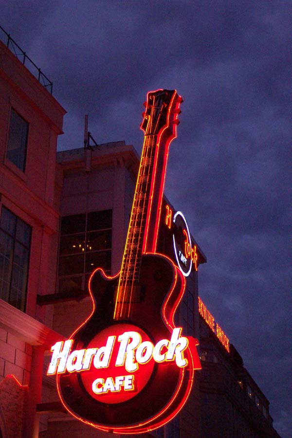 Hard Rock Cafe guitar sign at night